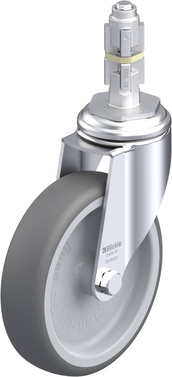 Industrierolle mit grauem Rad und silbernem Gehäuse, geeignet für Maschinen oder Möbel. Enthält eine Befestigungsvorrichtung oben.