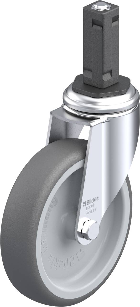 'Blickle Germany' Lenkrolle mit grauem Rad und festem Gehäuse, geeignet für industrielle Anwendungen.