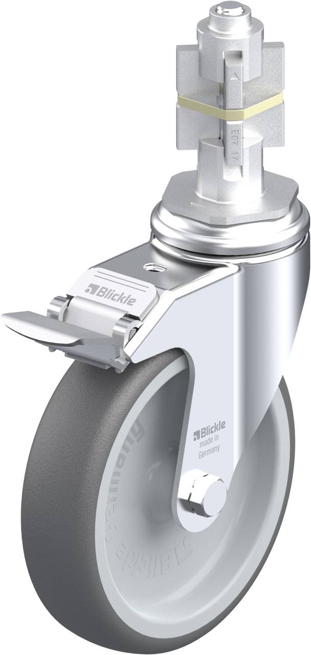 Eine graue Rolle mit Bremse und silberner Halterung, vermutlich Teil eines Möbel- oder Gerätefußes. Herstellerlogo 'Blickle' sichtbar.