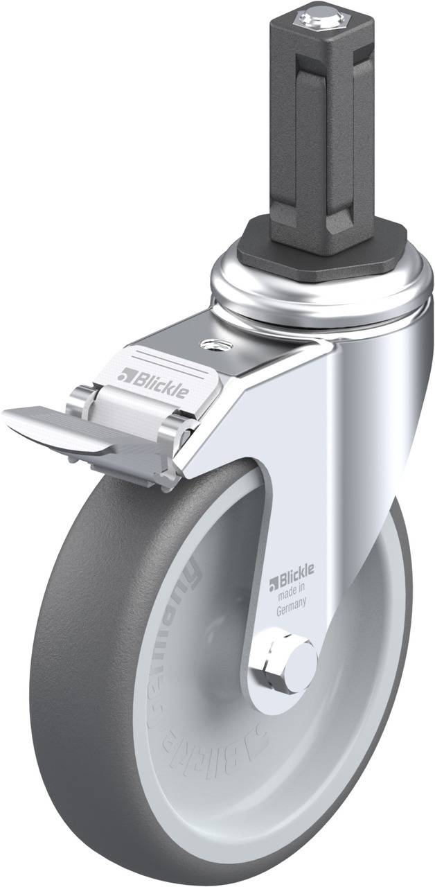 Graue Lenkrolle mit Bremse, montierbare Halterung. Markenname 'Blickle' auf Metalloberfläche eingraviert.