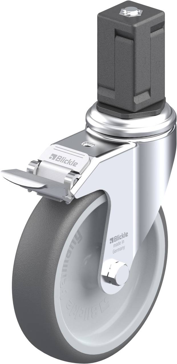 Graue Radrolle mit silberner Halterung und Bremse. Das Rad hat eine grau-glänzende Oberfläche. Markenname darauf: 'Blickle'.