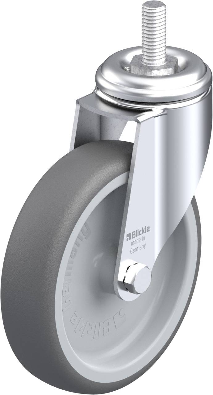 Grau-schwarzes Rad mit silbernem Gehäuse und Metallbolzen oben, geeignet für industrielle Anwendungen.