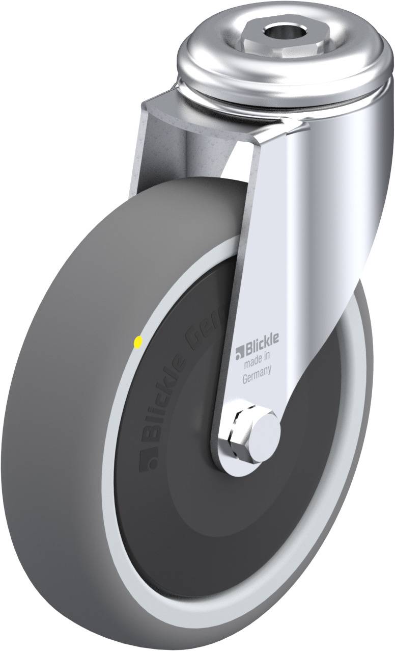 Abgebildet ist eine graue Lenkrolle mit Metallgehäuse und Schriftzug 'Blickle made in Germany', geeignet für Transportgeräte.