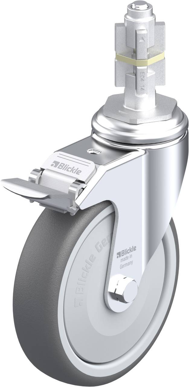 Ein silbernes Schwenkrad mit grauer Bereifung und Feststellbremse. Das Rad ist mit 'Blickle' markiert und hat eine hochwertige Metallkonstruktion.