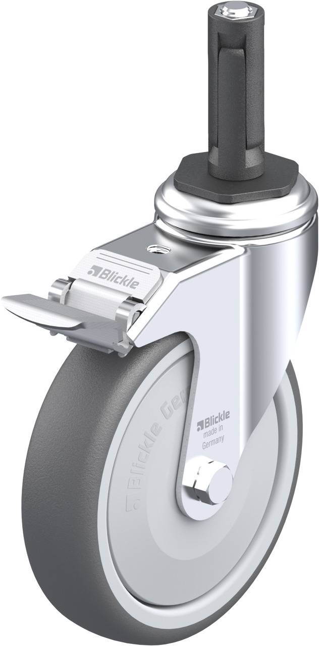 Industrielle Lenkrolle mit grauem Rad, Metallhalterung und schwarzem Fadenstopp. Geeignet für schwere Lasten.