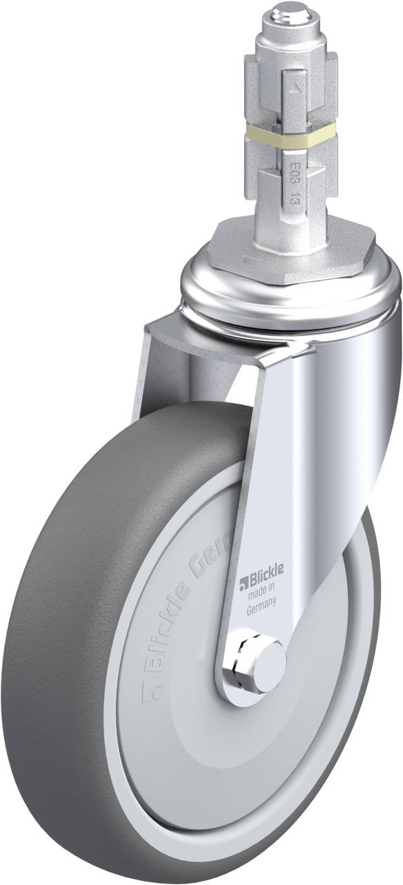 Lenkrolle aus Metall und Kunststoff, silberfarbig, mit grauem Rad, für Möbelfüße.