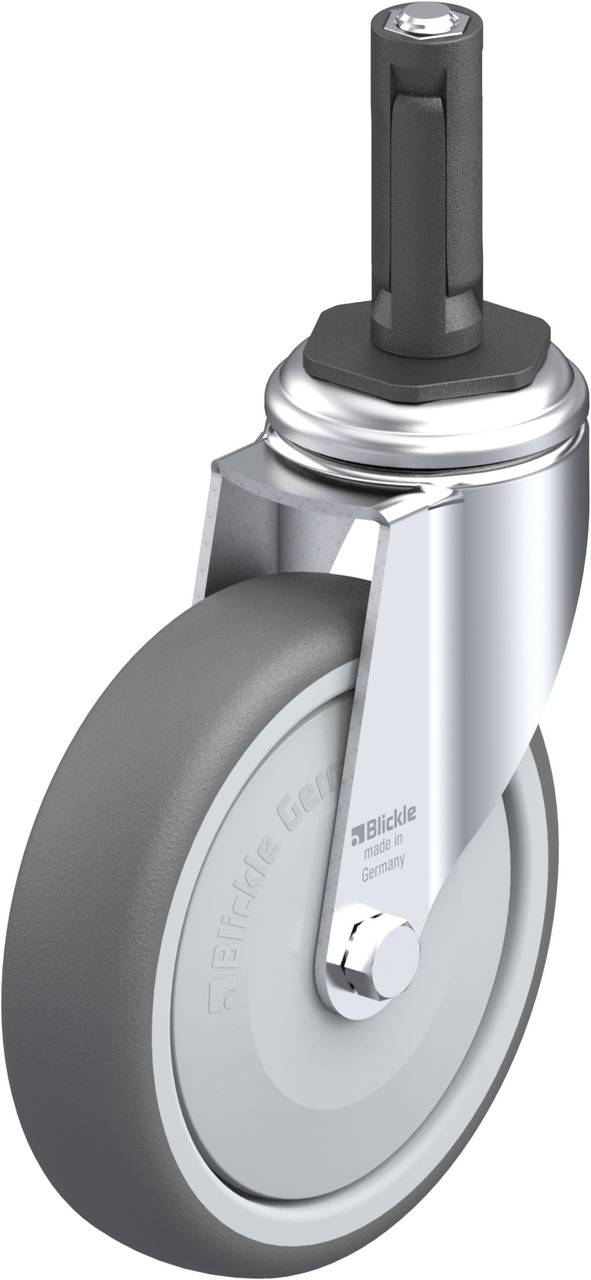 Rolle mit grauem Rad und Metallhalterung, geeignet für Möbel oder Geräte. Das Logo 'Blickle Germany' ist auf der Radseite sichtbar.