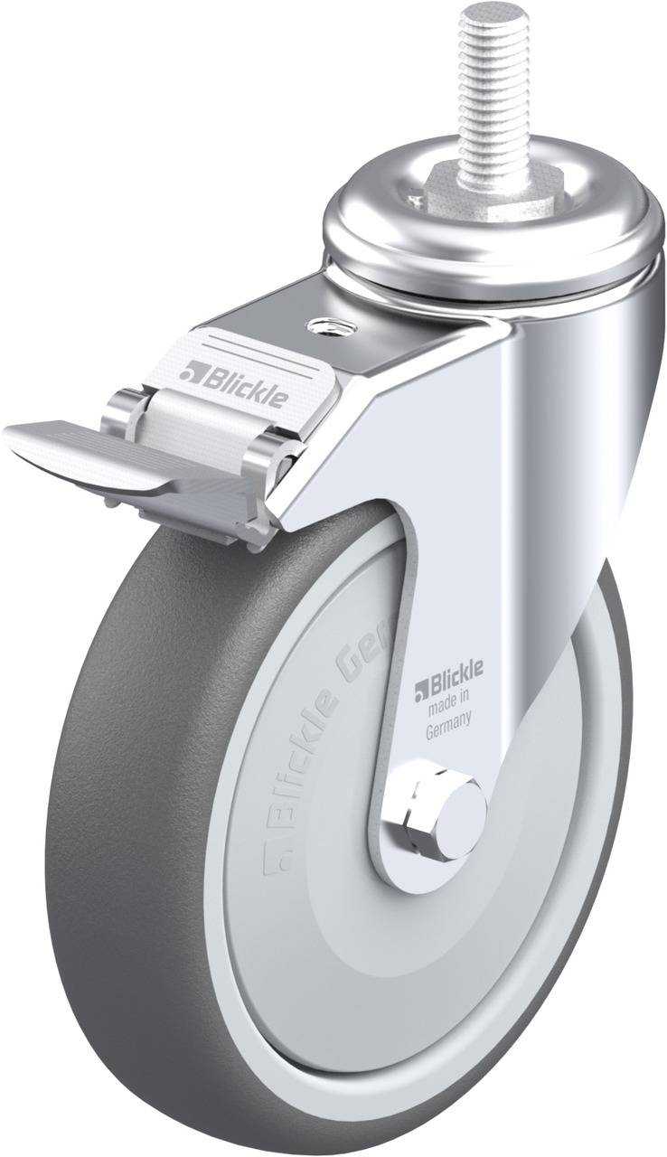 Graues Lenkrad mit Metallgehäuse und Feststeller an der Seite, geeignet für Möbel oder Transportwagen.