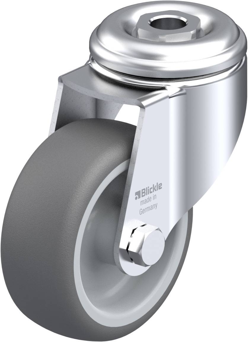Ein graues Lenkrolle mit Metallgehäuse, hergestellt von einer deutschen Firma. Geeignet für Industrieanwendungen und Möbel.