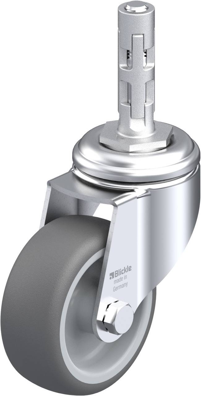 Graue Lenkrolle mit Metallgehäuse und zylindrischer Befestigungsstange, geeignet für Möbel- oder Geräteverwendung.