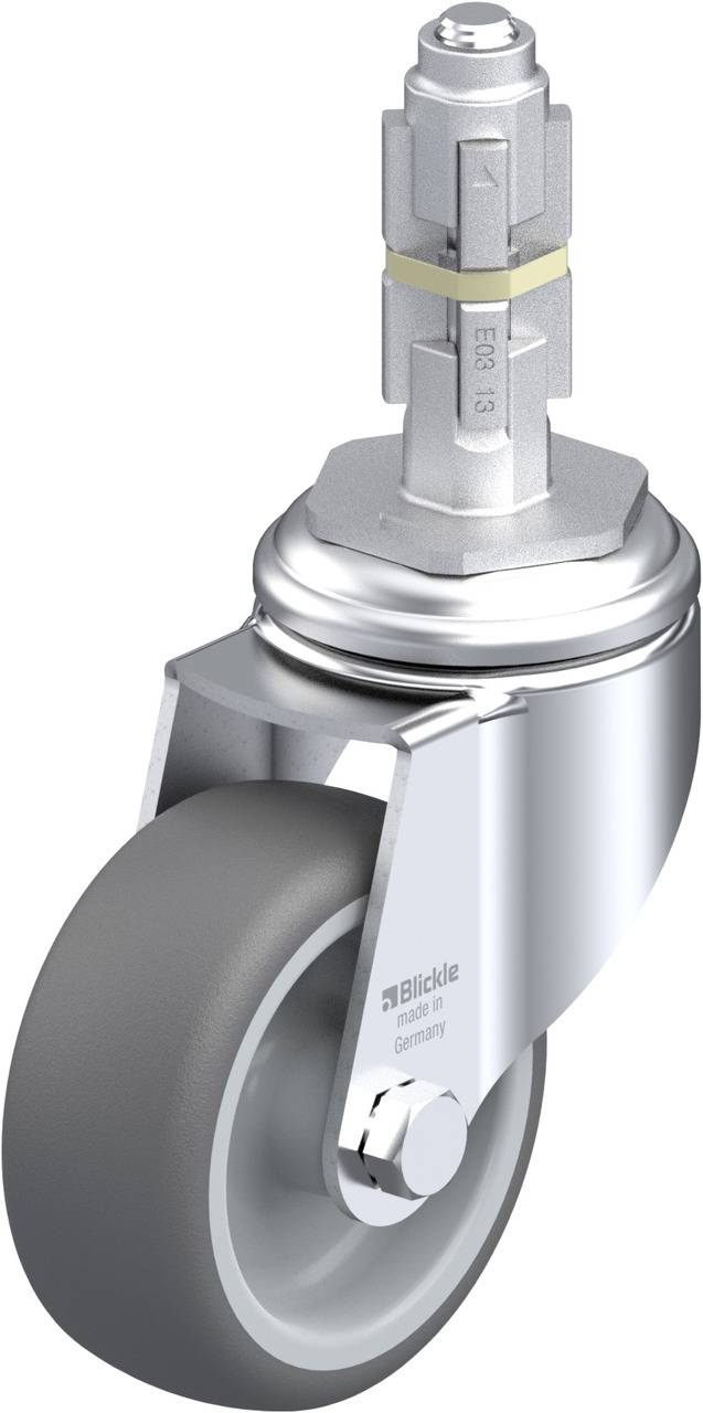 Schwenkrolle mit feststellbarer Lenkachse, graues Rad, glänzende Metallgabel, geeignet für industrielle Anwendungen.