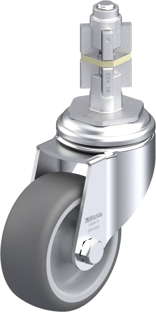 Ein graues Lenkrolle mit Metallgehäuse und grauem Gummi-Rad, markiert mit 'Blickle Made in Germany'. Geeignet für Industrieanwendungen.
