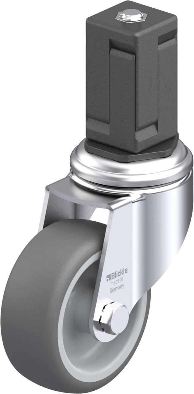 Graue Lenkrolle mit quadratischem Befestigungselement und silbernem Gehäuse, geeignet für Möbel oder Transportgeräte.