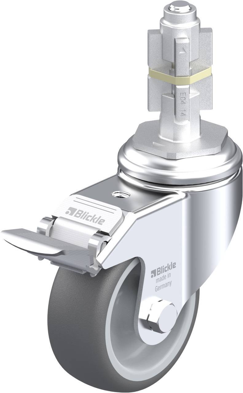 Drehbares Lenkrolle mit feststellbarer Bremse, hergestellt von Blickle in Deutschland, typisches Industrie-Design.