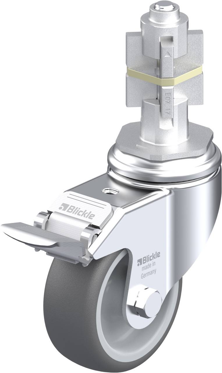 Schwenkrolle mit Feststellbremse und grauem Rad. Die Rolle hat ein glänzendes Metallgehäuse und ist für den Einsatz in Transportgeräten geeignet.