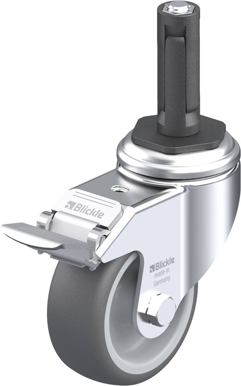 Schwenkrolle mit grauem Rad und schwarzem Stift, glänzendes Metallgehäuse mit der Aufschrift 'Blickle' und Fußbremse.