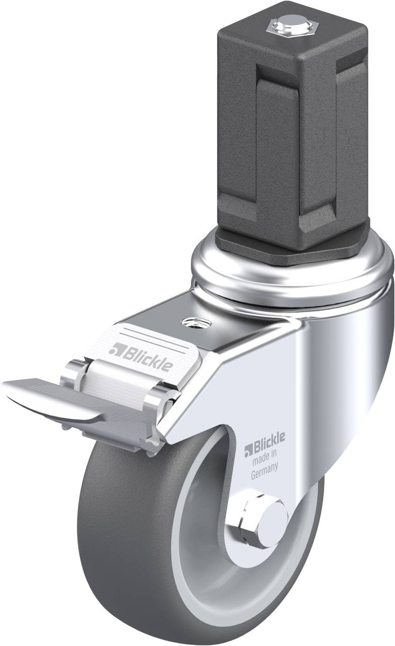 Lenkrolle mit feststellbarer Bremse, grauer Gummireifen, glänzendes Metallgehäuse, rechteckiger Befestigungsblock oben.