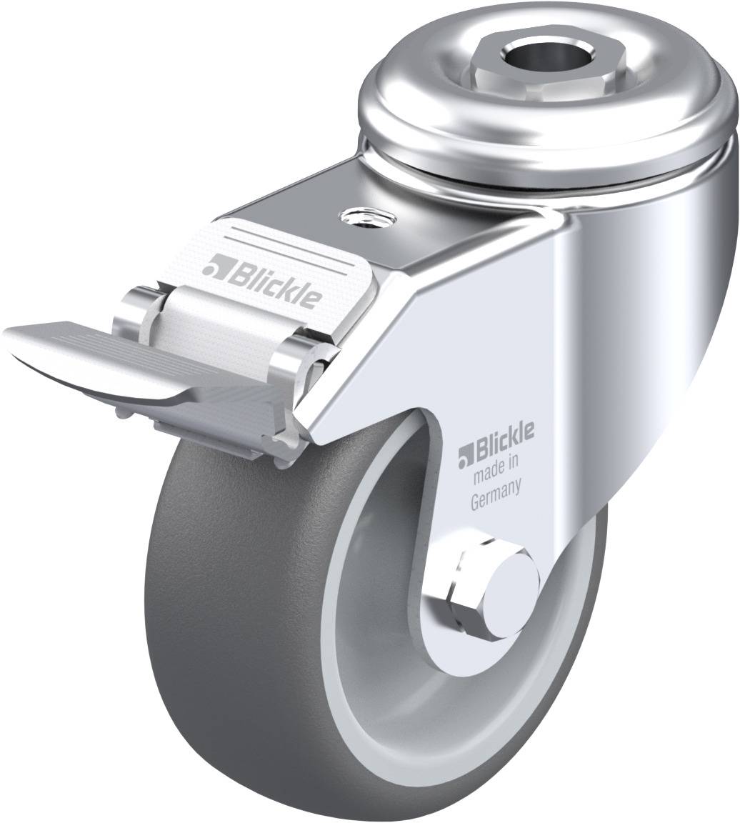 Ein Metall-Lenkrolle mit grauem Rad, silbernem Gehäuse und Bremse. Beschriftet mit 'Blickle, made in Germany'. Geeignet für Möbel.