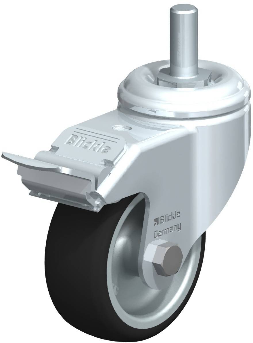 Metallisches Lenkrollenrad mit schwarzem Gummi, Gabel aus Silbermetall mit einer Bremse, Markenname an der Seite sichtbar.