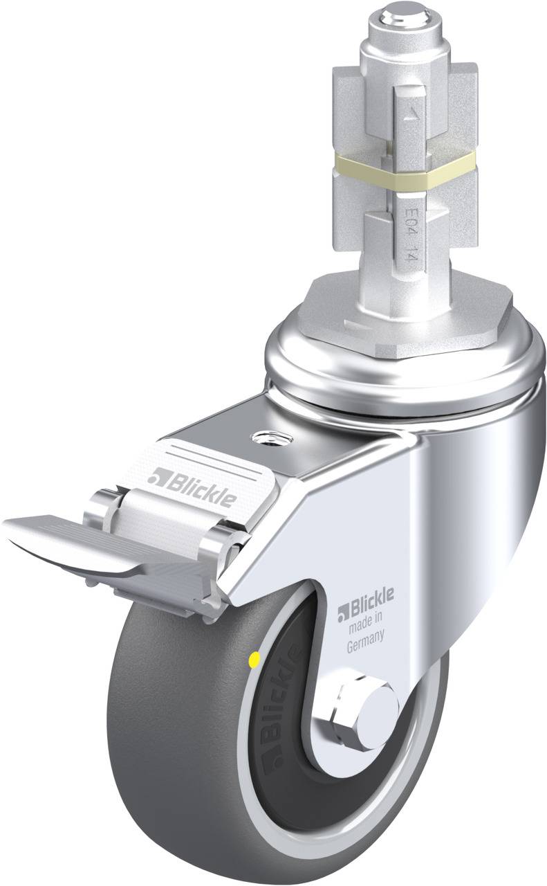 Grau verchromtes drehbares Lenkrollenrad mit Bremse, geeignet für den industriellen Einsatz, mit 'Blickle Made in Germany' Aufschrift.