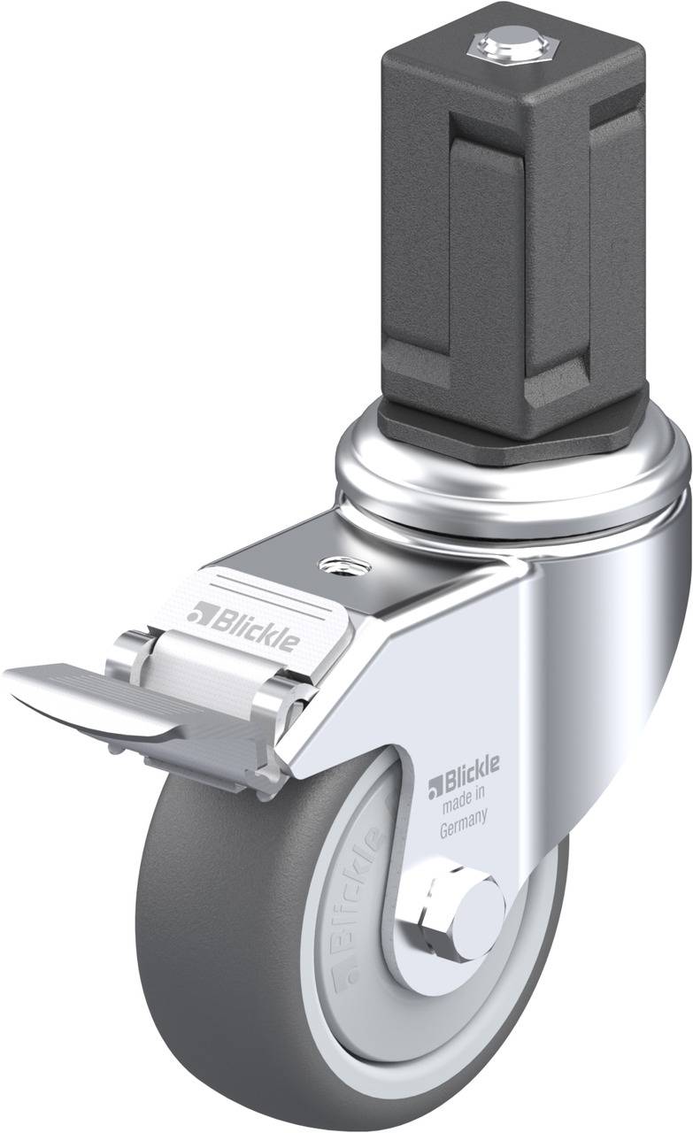 Rollenrad mit Befestigungselement und Bremse, silber und grau, geeignet für Möbel oder Geräte.