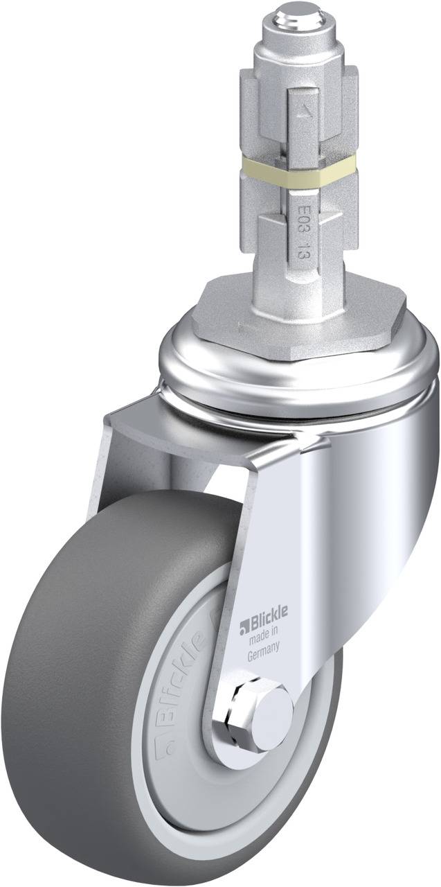 Eine graue, schwenkbare Rolle aus Metall mit einer Gummi-Lauffläche, geeignet für Industrieanwendungen, von Blöcke gefertigt.