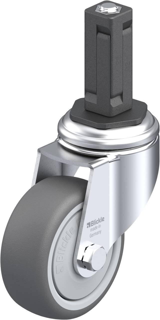 Drehbares Rad aus Metall und Gummi, montiert auf einem Metallgehäuse. Gezeigt in einem Produktbild für industrielle Anwendungen.