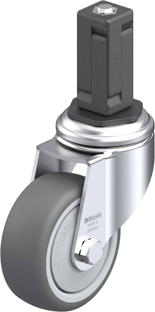 Graues Rad mit schwarzem, rechteckigem Stift für Befestigung. Silbernes Gehäuse mit der Aufschrift 'Blickle made in Germany'.