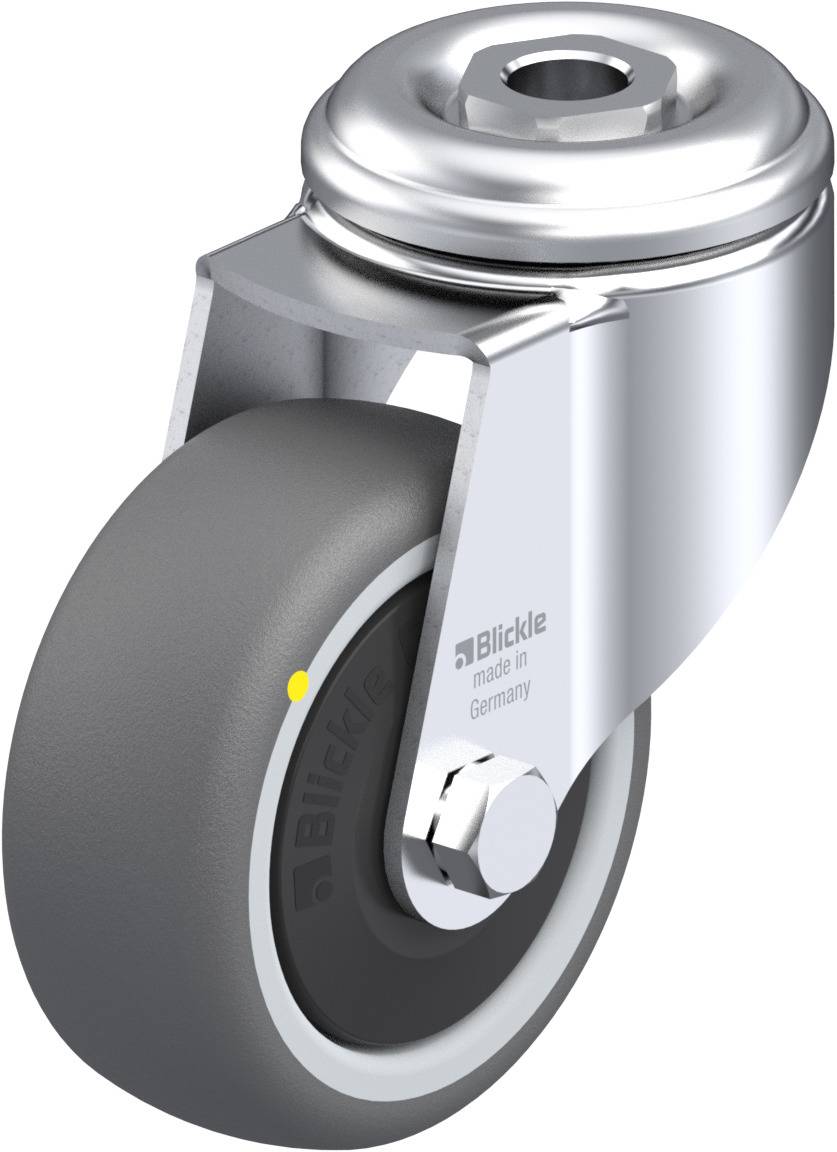 Metallrollenhalter mit einem grauen, gummierten Rad. Aufdruck 'Blickle' und 'made in Germany'. Geeignet für Möbel oder Transportwagen.