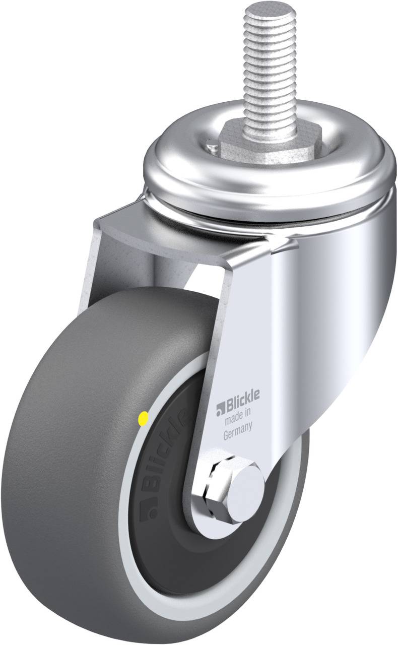 Grau-schwarzes Rad aus Kunststoff mit Metallhalterung und Schraubbefestigung, hergestellt von Blickle in Deutschland.