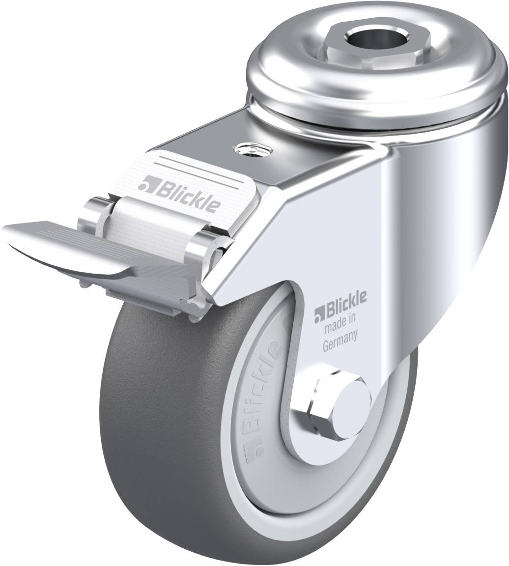 Schwenkrolle aus Metall mit grauem Rad und Bremse, hergestellt von Blickle in Deutschland.