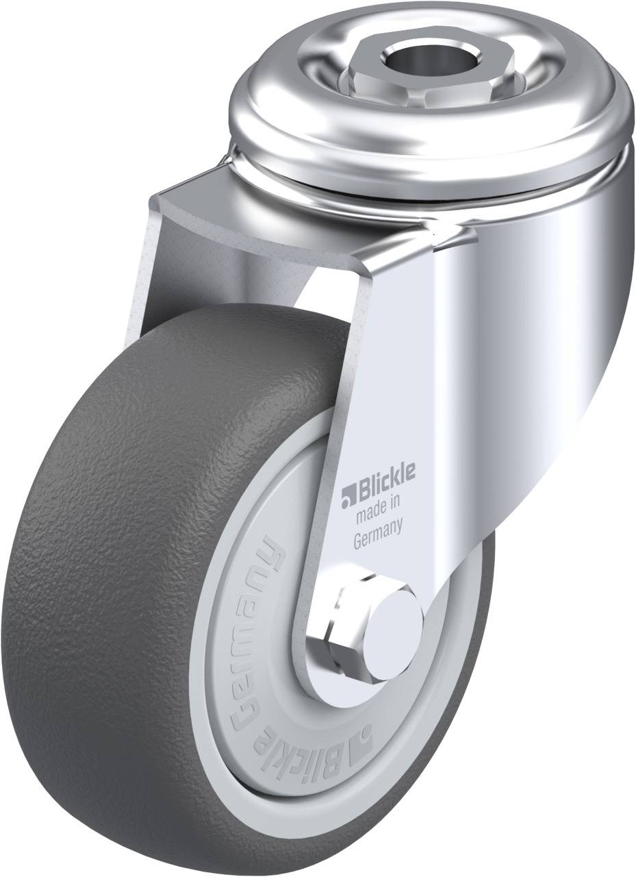 Schwenkrolle mit grauem Gummirad und verchromtem Gehäuse, hergestellt in Deutschland. Markenname 'Blickle' auf Reifen und Gehäuse.