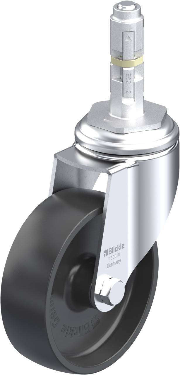 Drehbare Rollen-Maschinenrolle mit einem schwarzen Rad und silbernem Gehäuse. Ideal für den Einsatz an Maschinen und Möbeln.