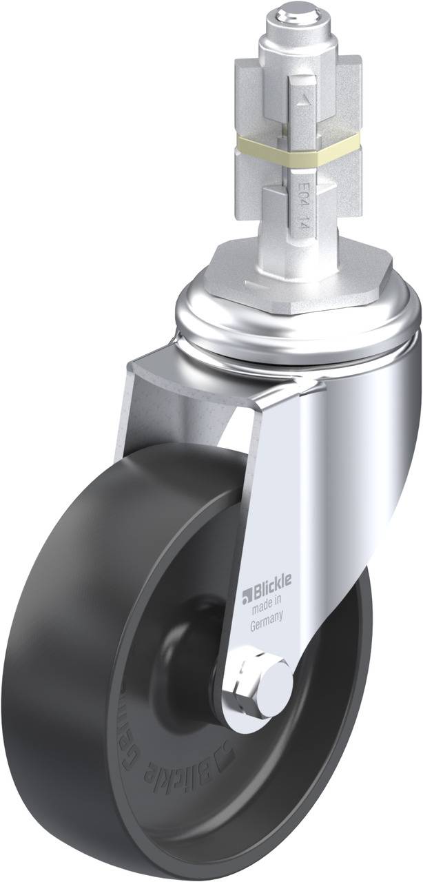 Eine drehbare Rolle mit schwarzem Rad und silberner Halterung, passend für Möbel oder Geräte mit 'Blickle' Logo auf der Seite.