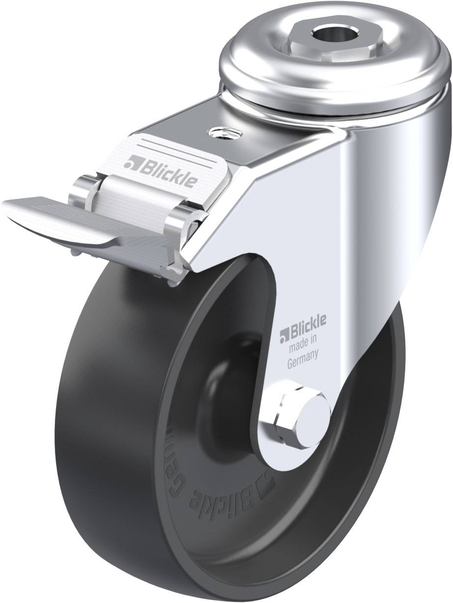 Schwenkrolle aus Metall mit schwarzem Rad, geeignet für Transportgeräte. Marke 'Blickle', hergestellt in Deutschland.