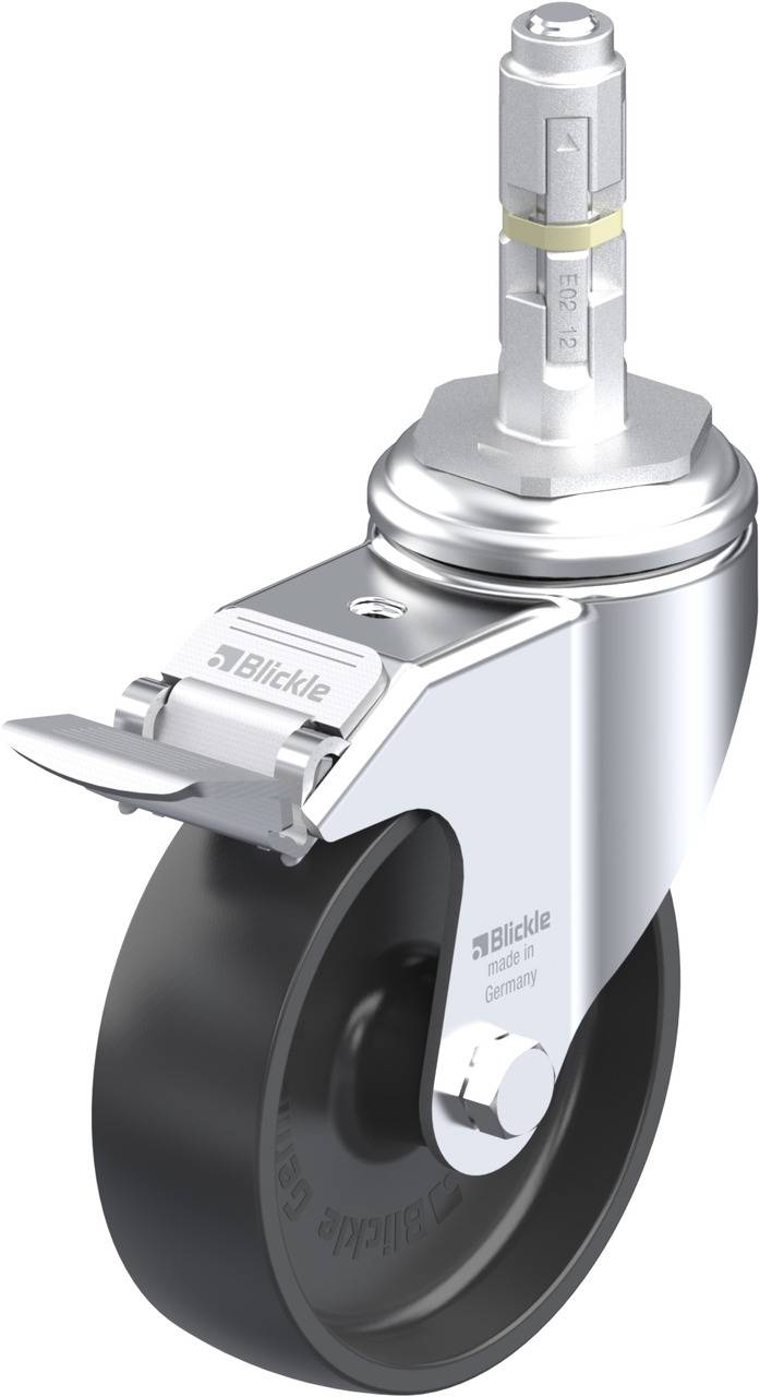 Drehlaufrolle mit schwarzem Rad und silbernem Gehäuse, ausgestattet mit einem Metallstift für Befestigung. Geprägt mit 'Blickle'.