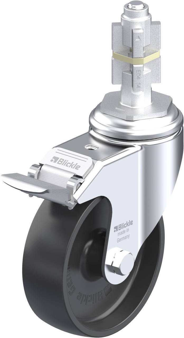 Lenkrolle aus Metall mit schwarzem Rad und Bremse, hergestellt von Blickle in Deutschland.