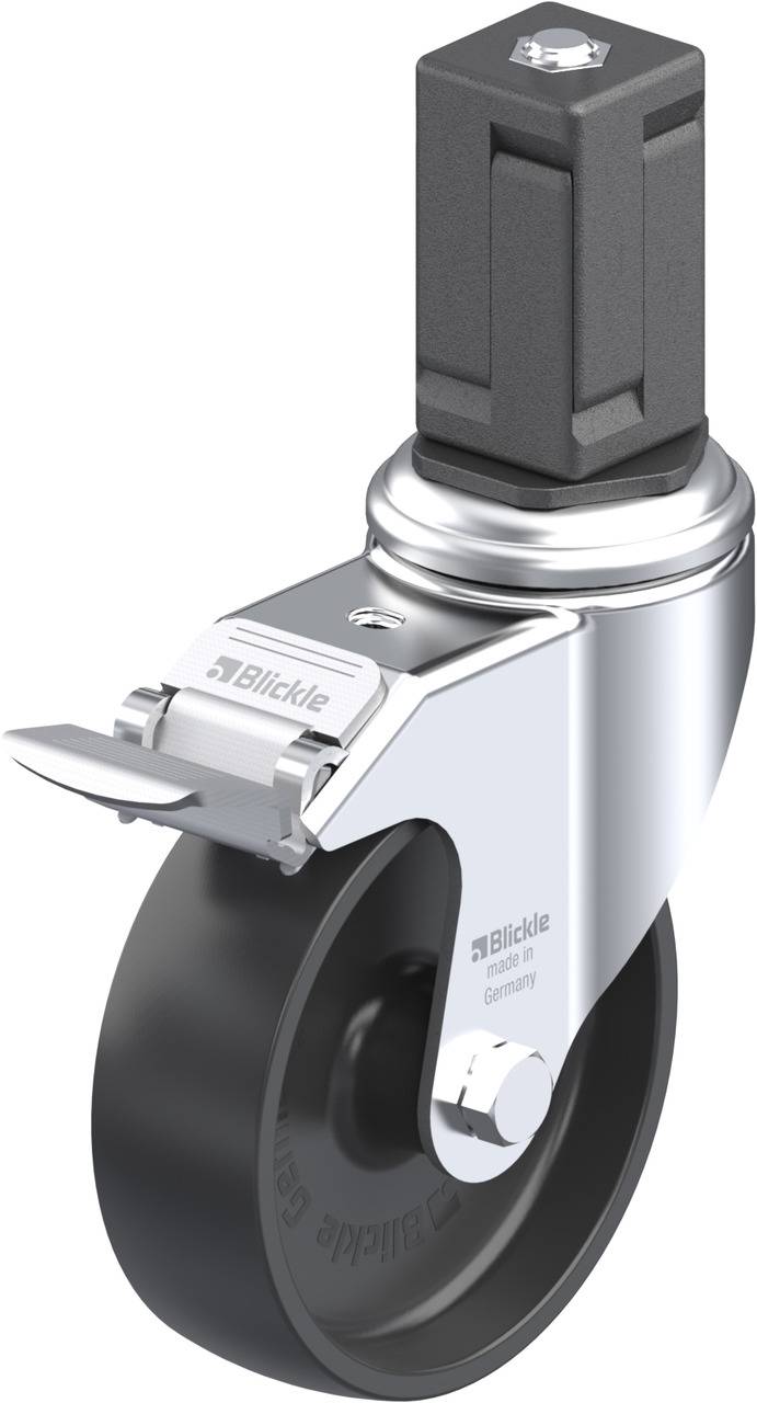 Gleitrolle aus Metall mit schwarzem Rad und Bremse, geeignet für Möbel oder Wagen. Markenname auf der Halterung sichtbar.