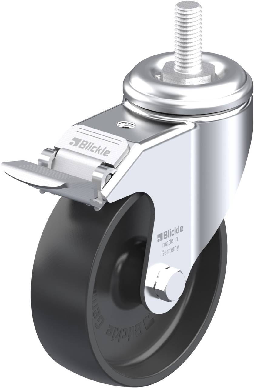 Schwenkrolle aus Metall mit schwarzem Rad und Schraubgewinde, geeignet für Industrieanwendungen, hergestellt in Deutschland.