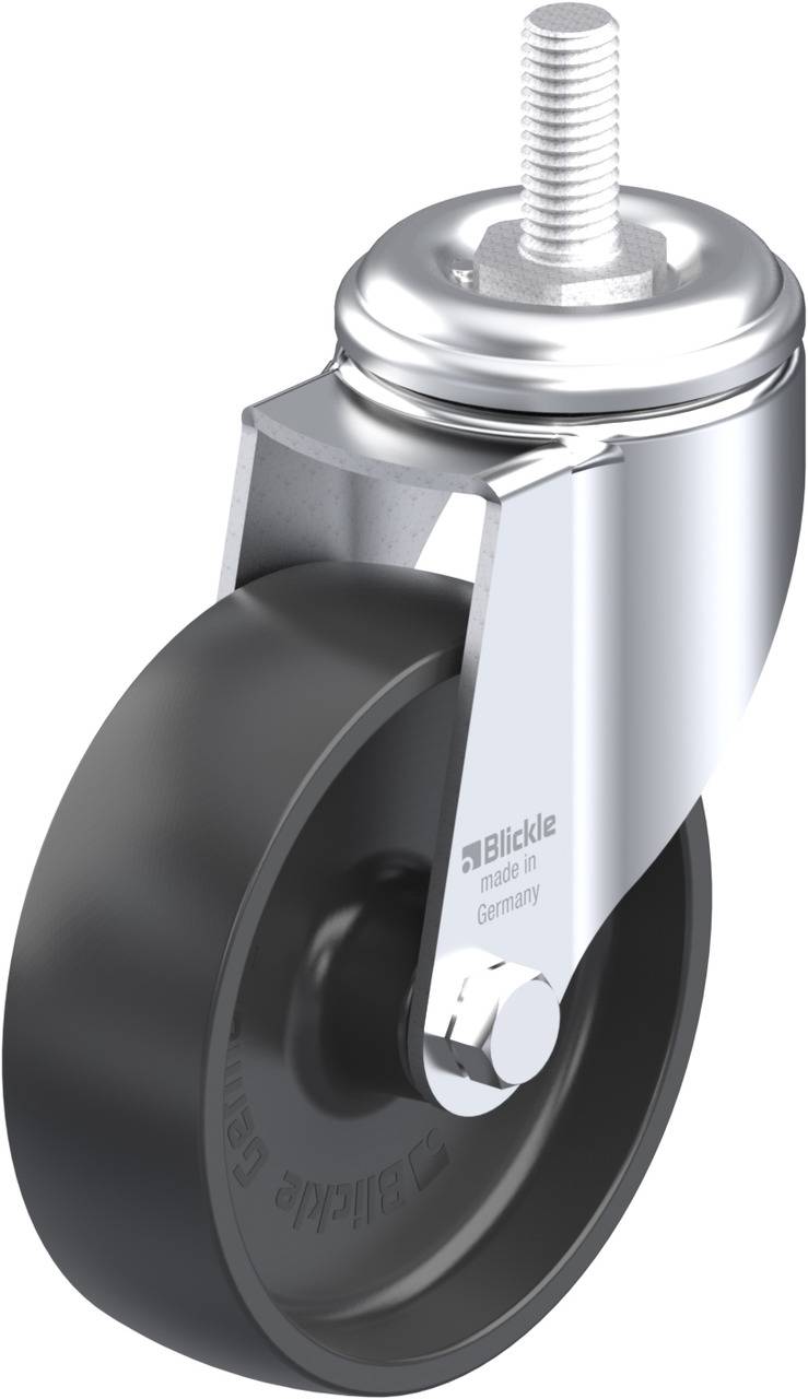 Schwenkrolle mit grauem Rad, Metallhalterung und Gewindestift. Schwarzes Rad, in Deutschland hergestellt. Text: 'Blickle made in Germany'.