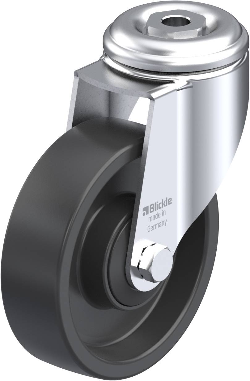 Schwenkrolle aus Metall mit schwarzem Rad und Halterung, geeignet für Transportwagen oder Möbel. Hersteller 'Blickle made in Germany'.