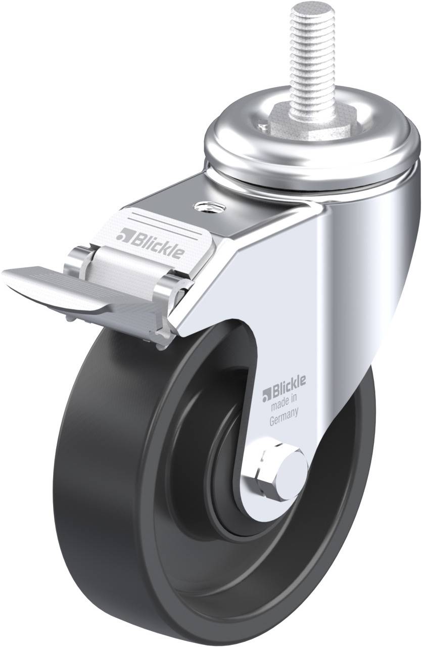 Metallisches Lenkrollenrad mit schwarzem Gummi und einem Stift an der Oberseite. Markenzeichen 'Blickle' sichtbar auf der Seite.