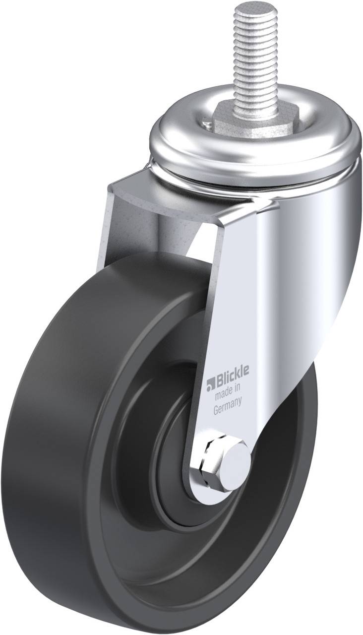 Schwenkrolle mit schwarzem Rad, metallener Halterung und Schraubgewinde; Logo 'Blickle made in Germany' sichtbar.