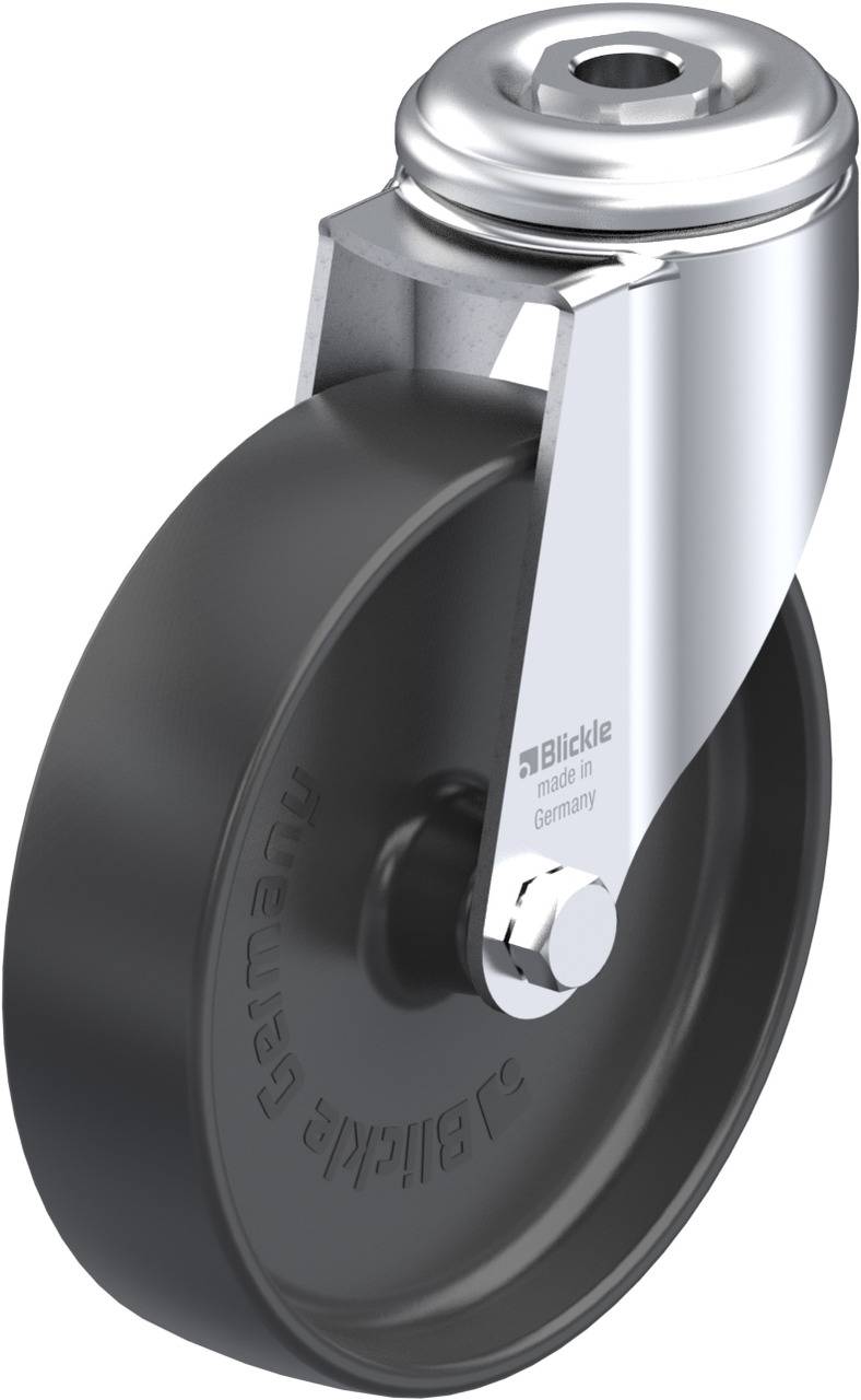 Rundrad aus Metall mit schwarzem Gummireifen. Robust, schwenkbar, mit Schutzblech. Geeignet für Möbel oder Industrieanwendungen.