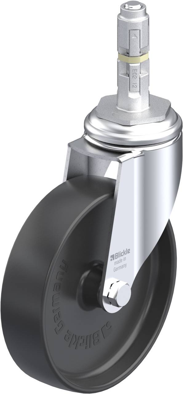 Schwenkrolle mit schwarz glänzendem Rad und silbernem Gehäuse. Oberer Teil hat eine zylindrische Halterung zur Befestigung.