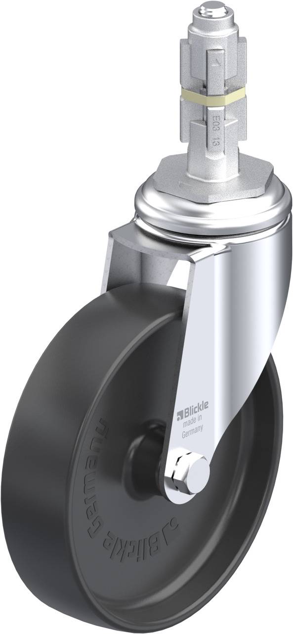 Metallenes Schwenkrad mit schwarzem Gummi für Möbel und Maschinen, mit Achse und Befestigungselement, bietet Mobilität und Tragfähigkeit.