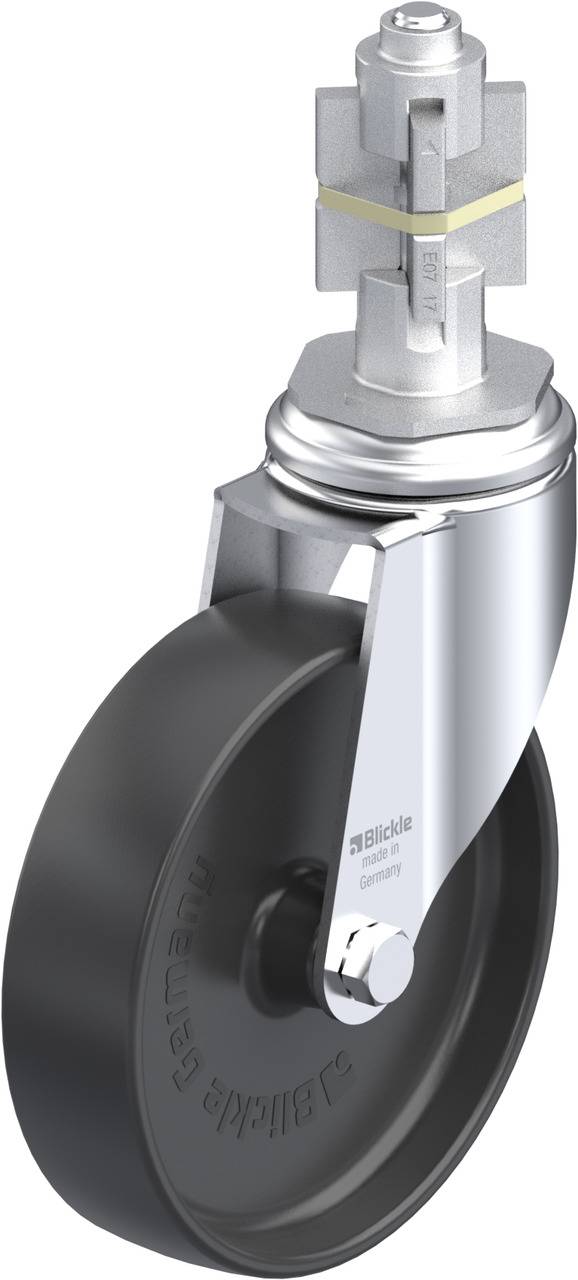 Schwenkrolle mit schwarzem Rad und silbernem Metallgehäuse, geeignet für schwere Lasten. Verfügt über ein oberes Befestigungselement.