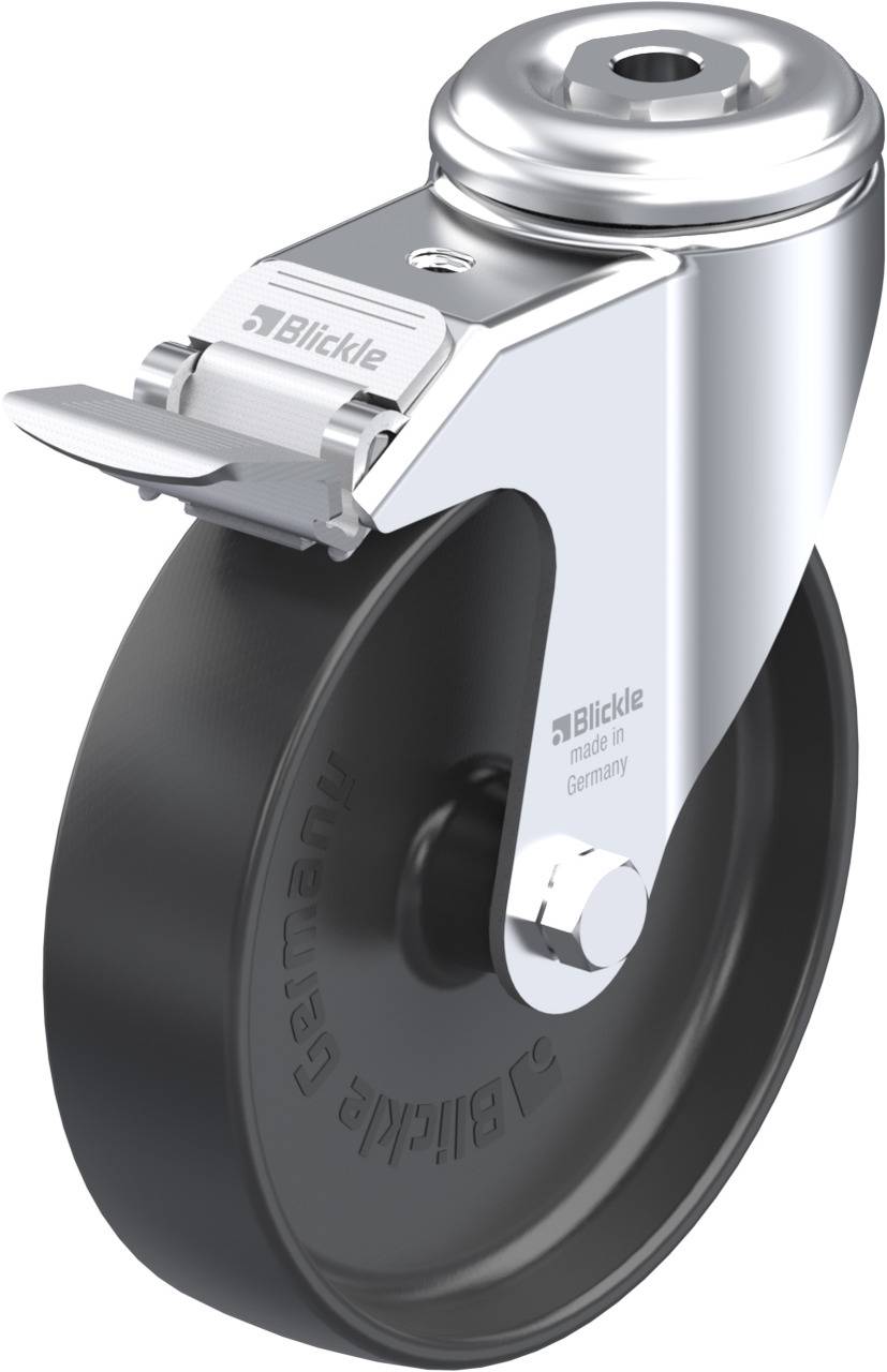 Schwenkrolle mit Bremshebel, glänzendem Metallgehäuse und schwarzem Rad. Aufschrift 'Blickle made in Germany'.