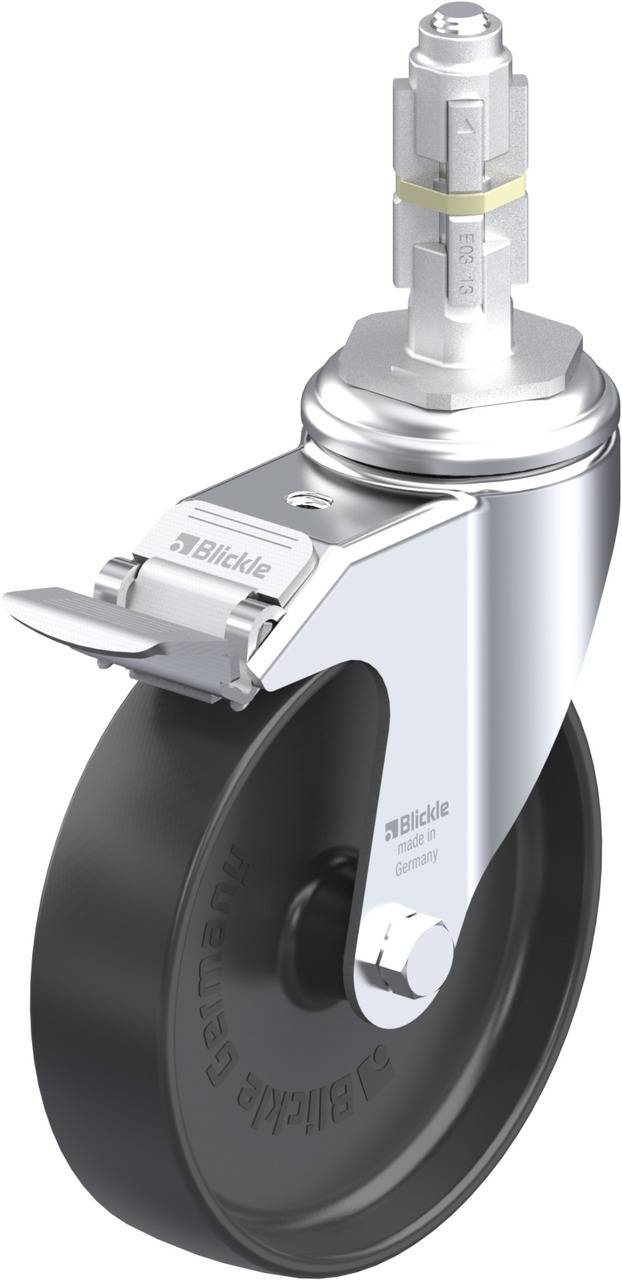 Schwenkrolle mit schwarzem Rad und silbernem Gehäuse, geeignet für Möbel oder Gerätebewegung.