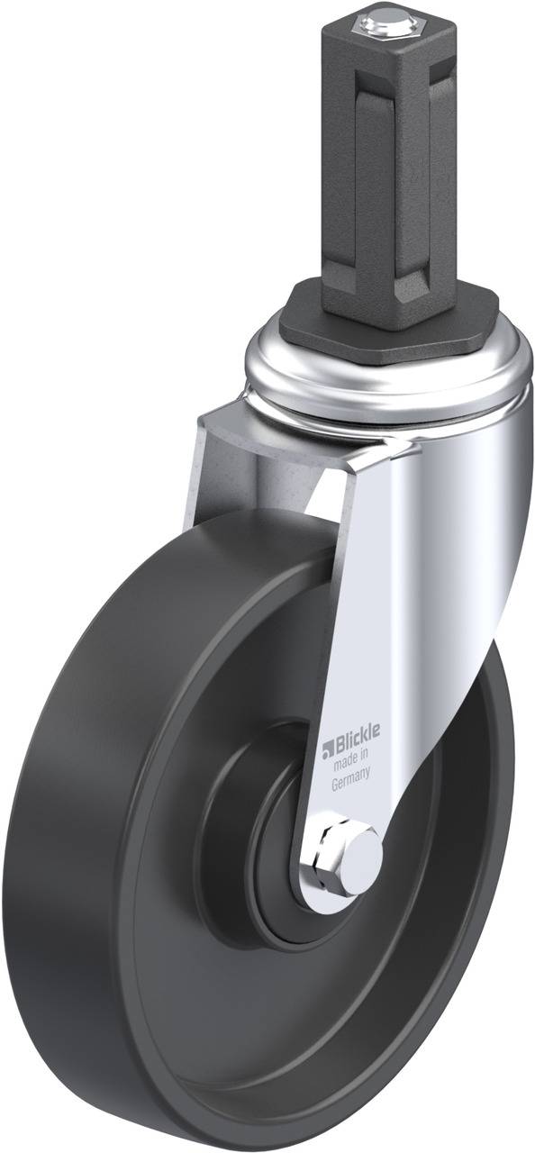 Schwenkrolle mit schwarzem Rad und silberner Halterung, geeignet für Transportwagen. Solide Bauweise für industrielle Anwendungen.
